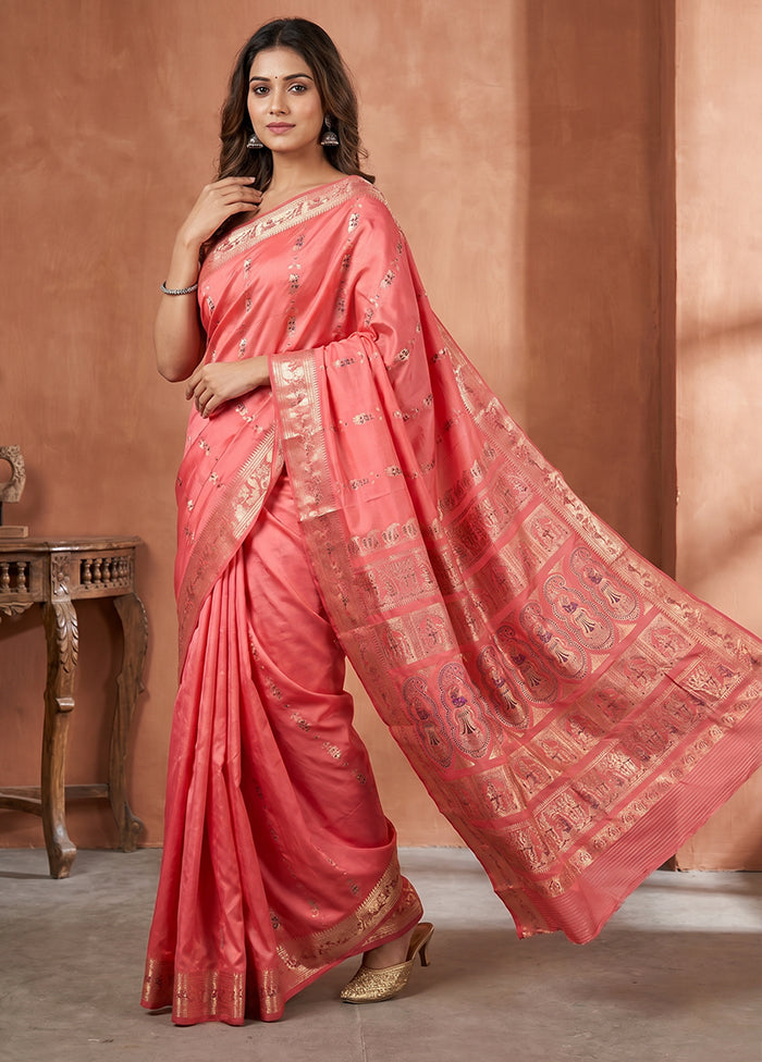 Pink Handloom Baluchari Pure Silk Saree With Blouse Piece