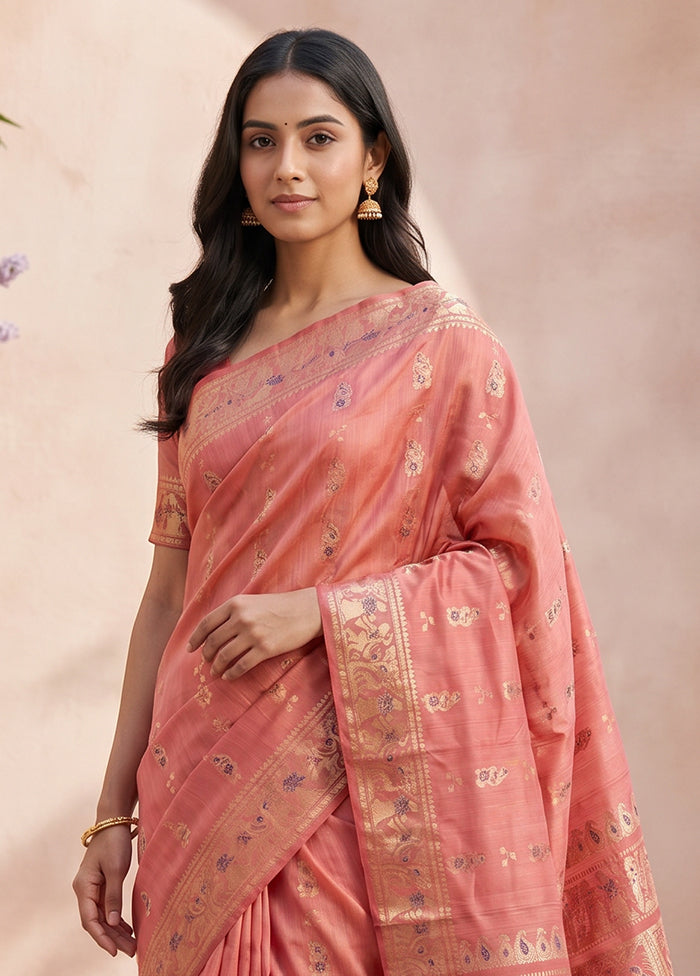 Pink Handloom Baluchari Pure Silk Saree With Blouse Piece