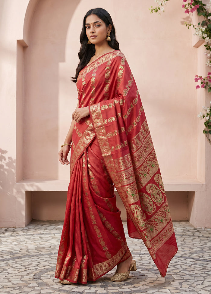 Maroon Handloom Baluchari Pure Silk Saree With Blouse Piece