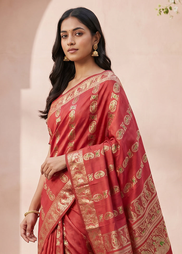 Maroon Handloom Baluchari Pure Silk Saree With Blouse Piece