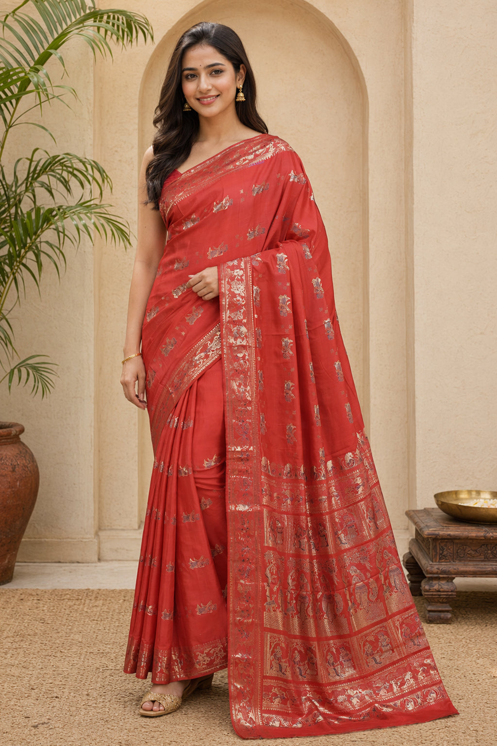 Rust Handloom Baluchari Pure Silk Saree With Blouse Piece