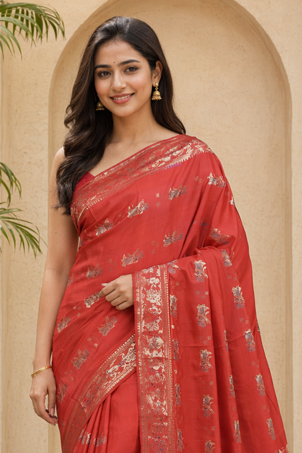 Rust Handloom Baluchari Pure Silk Saree With Blouse Piece