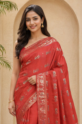 Rust Handloom Baluchari Pure Silk Saree With Blouse Piece
