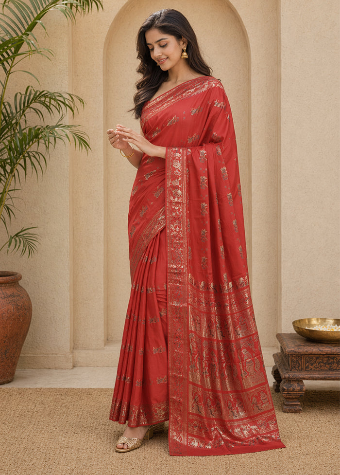 Rust Handloom Baluchari Pure Silk Saree With Blouse Piece