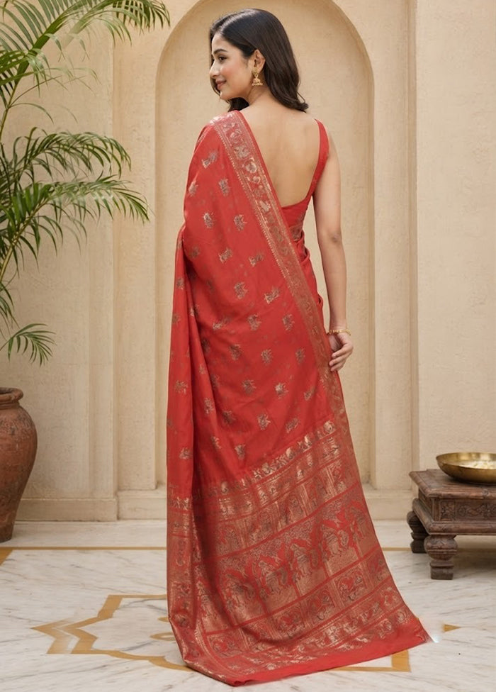 Rust Handloom Baluchari Pure Silk Saree With Blouse Piece