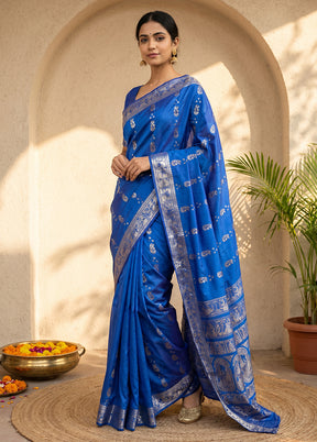 Blue Handloom Baluchari Pure Silk Saree With Blouse Piece