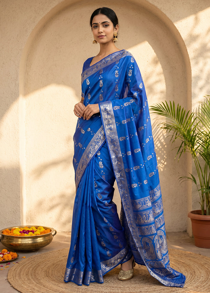 Blue Handloom Baluchari Pure Silk Saree With Blouse Piece