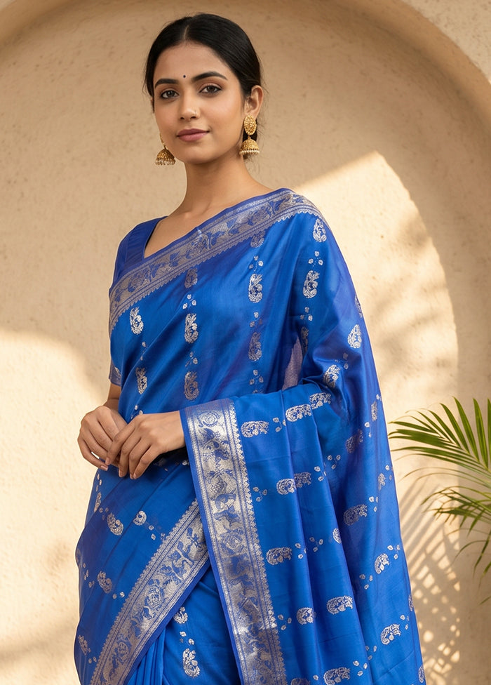 Blue Handloom Baluchari Pure Silk Saree With Blouse Piece