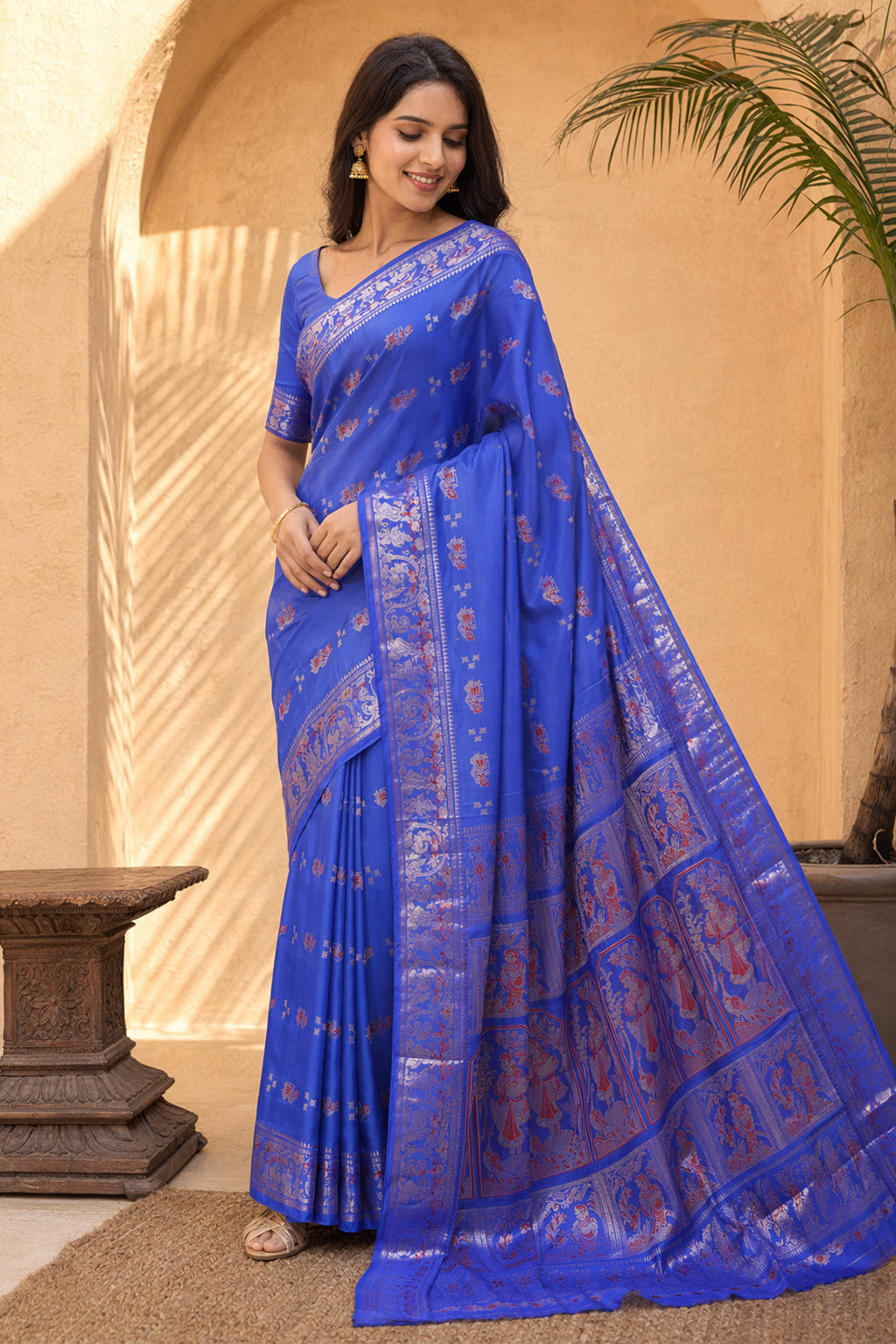 Blue Handloom Baluchari Pure Silk Saree With Blouse Piece