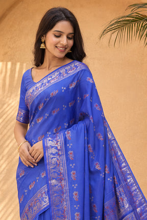 Blue Handloom Baluchari Pure Silk Saree With Blouse Piece