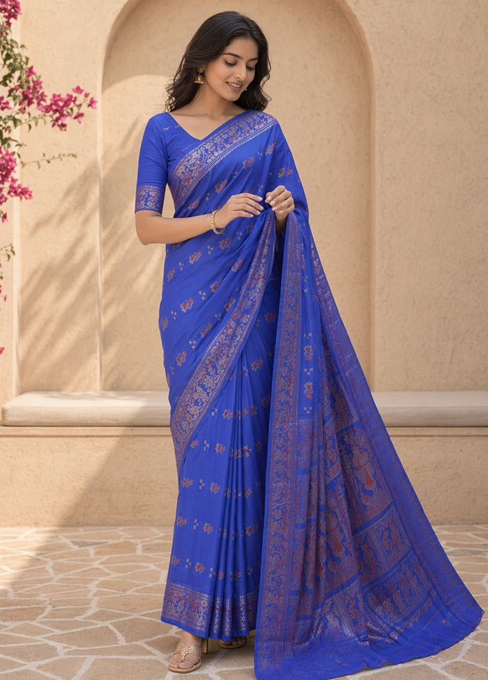 Blue Handloom Baluchari Pure Silk Saree With Blouse Piece