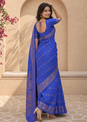 Blue Handloom Baluchari Pure Silk Saree With Blouse Piece