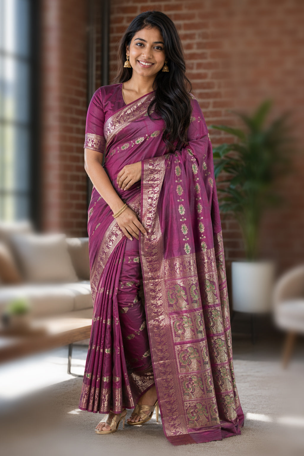 Purple Handloom Baluchari Pure Silk Saree With Blouse Piece