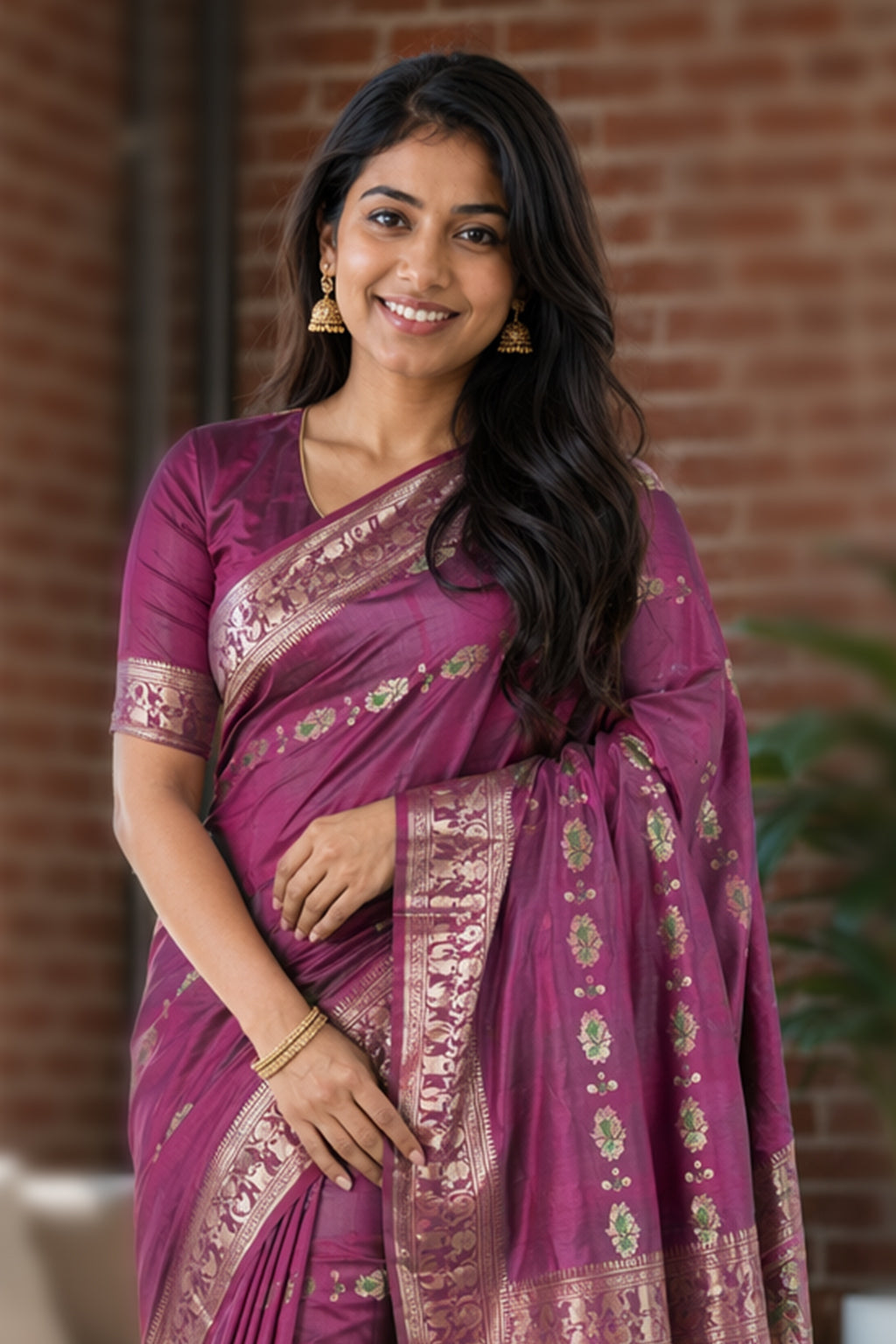 Purple Handloom Baluchari Pure Silk Saree With Blouse Piece