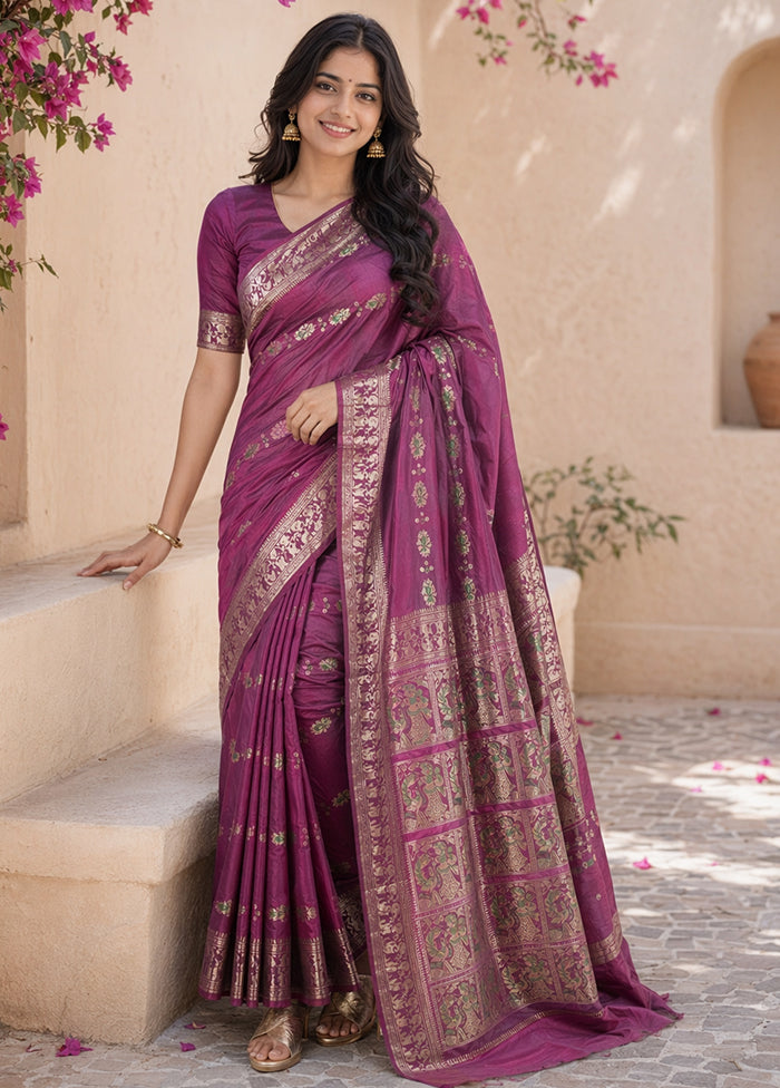 Purple Handloom Baluchari Pure Silk Saree With Blouse Piece