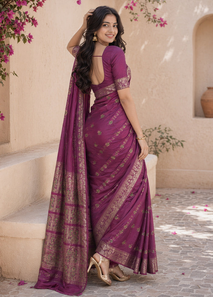 Purple Handloom Baluchari Pure Silk Saree With Blouse Piece
