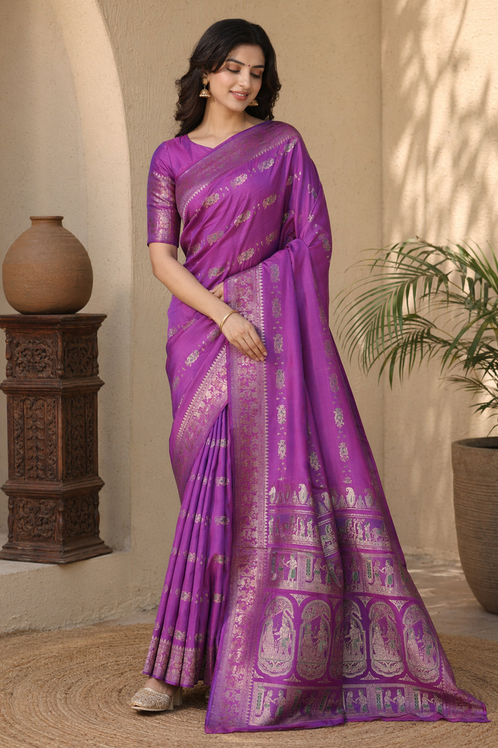 Purple Handloom Baluchari Pure Silk Saree With Blouse Piece