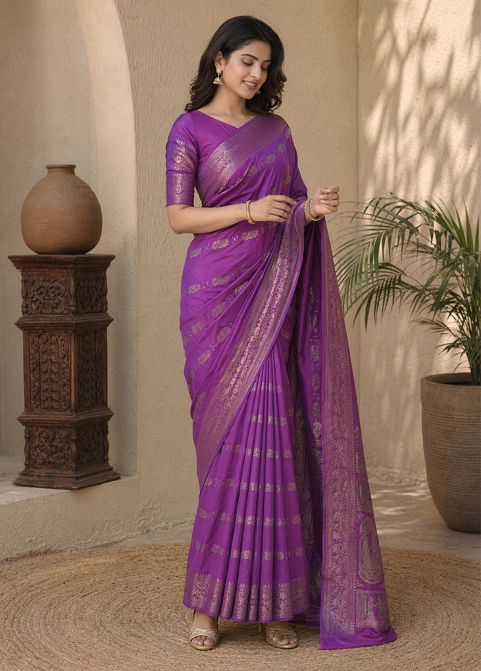 Purple Handloom Baluchari Pure Silk Saree With Blouse Piece