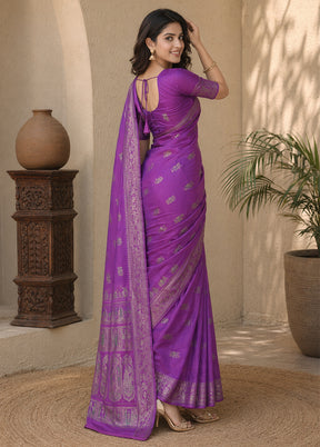 Purple Handloom Baluchari Pure Silk Saree With Blouse Piece