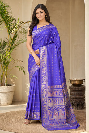 Blue Handloom Baluchari Pure Silk Saree With Blouse Piece
