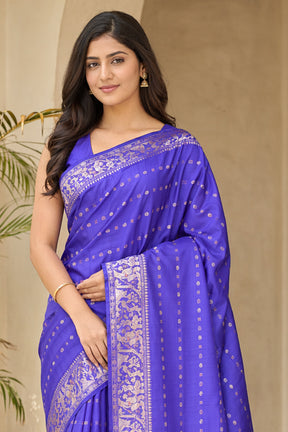 Blue Handloom Baluchari Pure Silk Saree With Blouse Piece