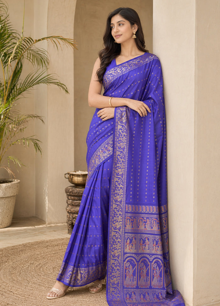 Blue Handloom Baluchari Pure Silk Saree With Blouse Piece