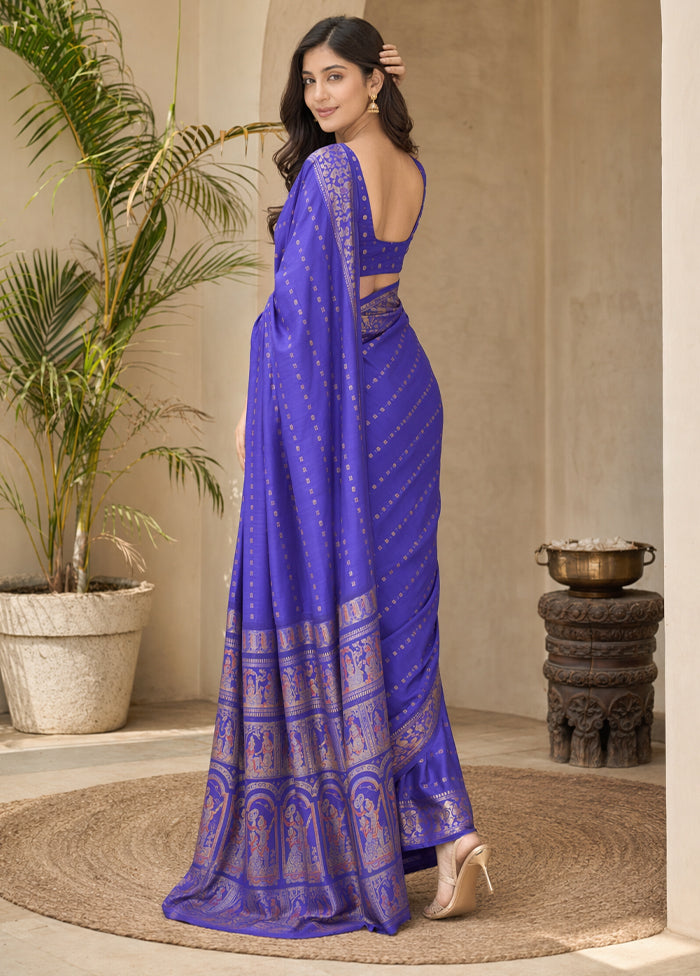 Blue Handloom Baluchari Pure Silk Saree With Blouse Piece