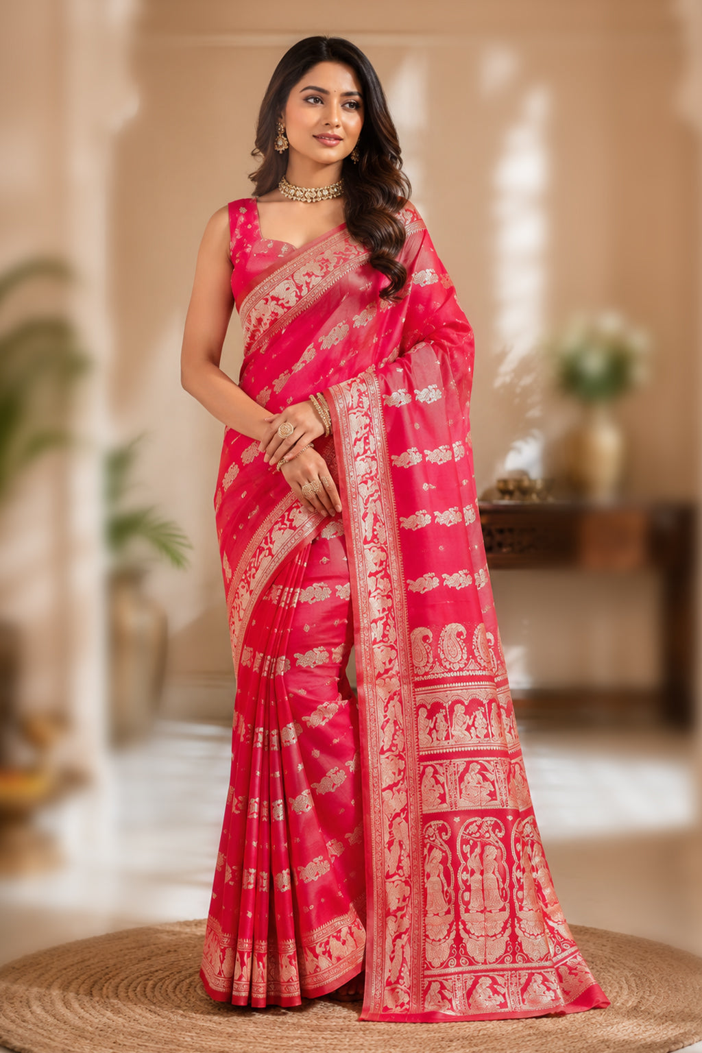 Pink Handloom Baluchari Pure Silk Saree With Blouse Piece