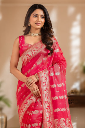 Pink Handloom Baluchari Pure Silk Saree With Blouse Piece