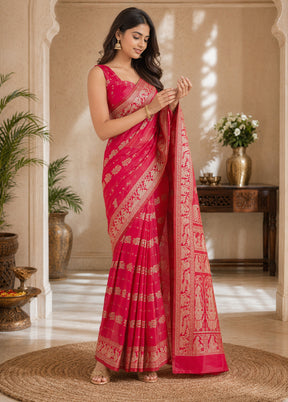 Pink Handloom Baluchari Pure Silk Saree With Blouse Piece