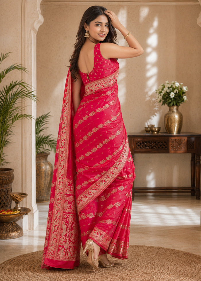 Pink Handloom Baluchari Pure Silk Saree With Blouse Piece