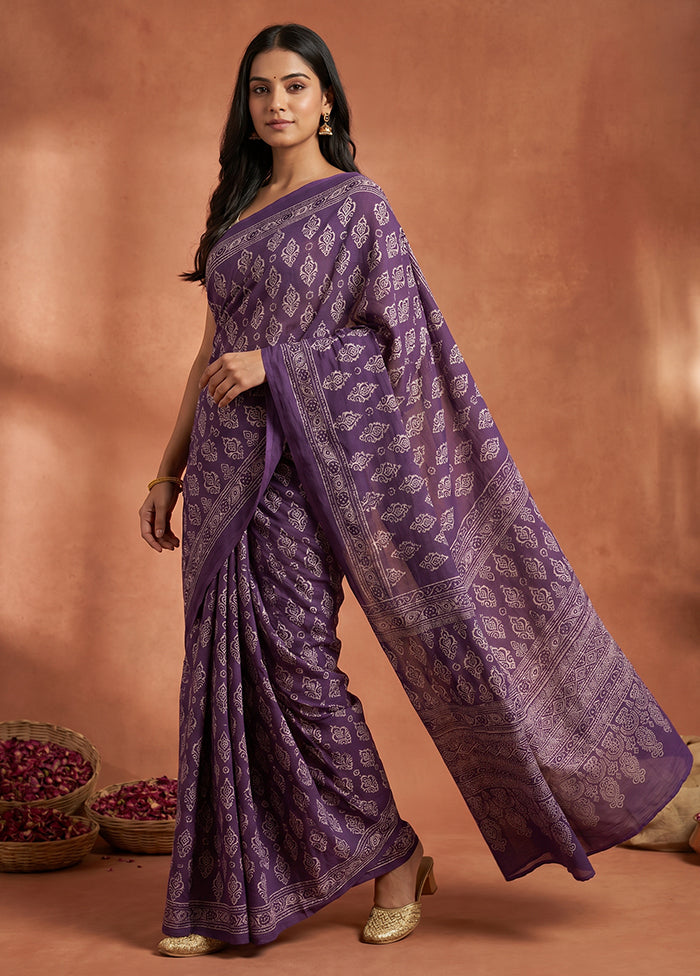 Purple Printed Silk Saree Without Blouse Piece