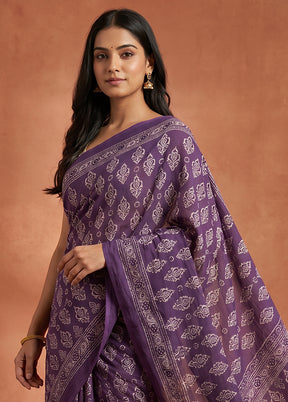 Purple Printed Silk Saree Without Blouse Piece