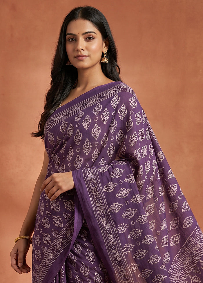 Purple Printed Silk Saree Without Blouse Piece