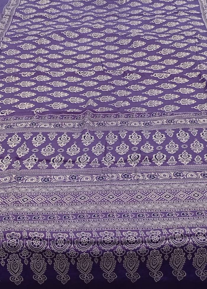 Purple Printed Silk Saree Without Blouse Piece