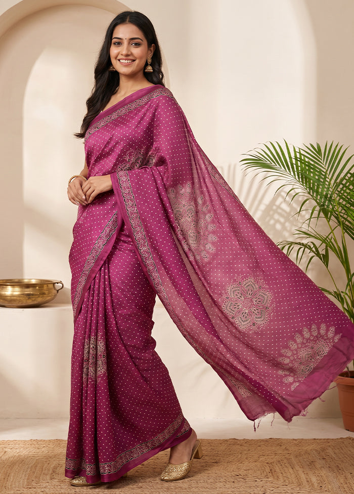 Purple Printed Silk Saree Without Blouse Piece