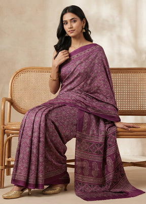 Purple Printed Silk Saree Without Blouse Piece