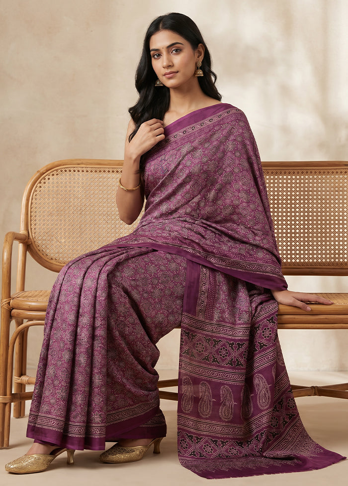 Purple Printed Silk Saree Without Blouse Piece