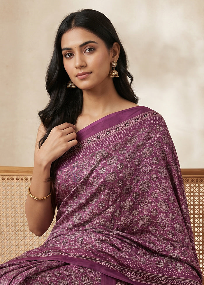 Purple Printed Silk Saree Without Blouse Piece