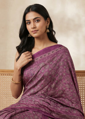 Purple Printed Silk Saree Without Blouse Piece