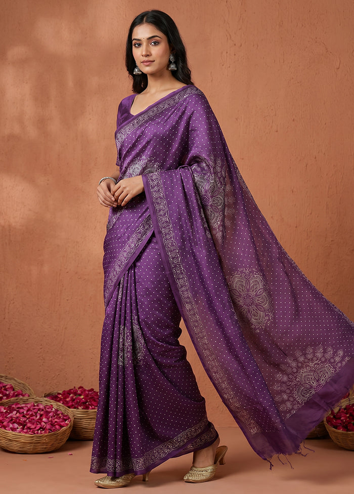 Purple Printed Silk Saree Without Blouse Piece