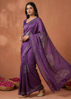 Purple Printed Silk Saree Without Blouse Piece