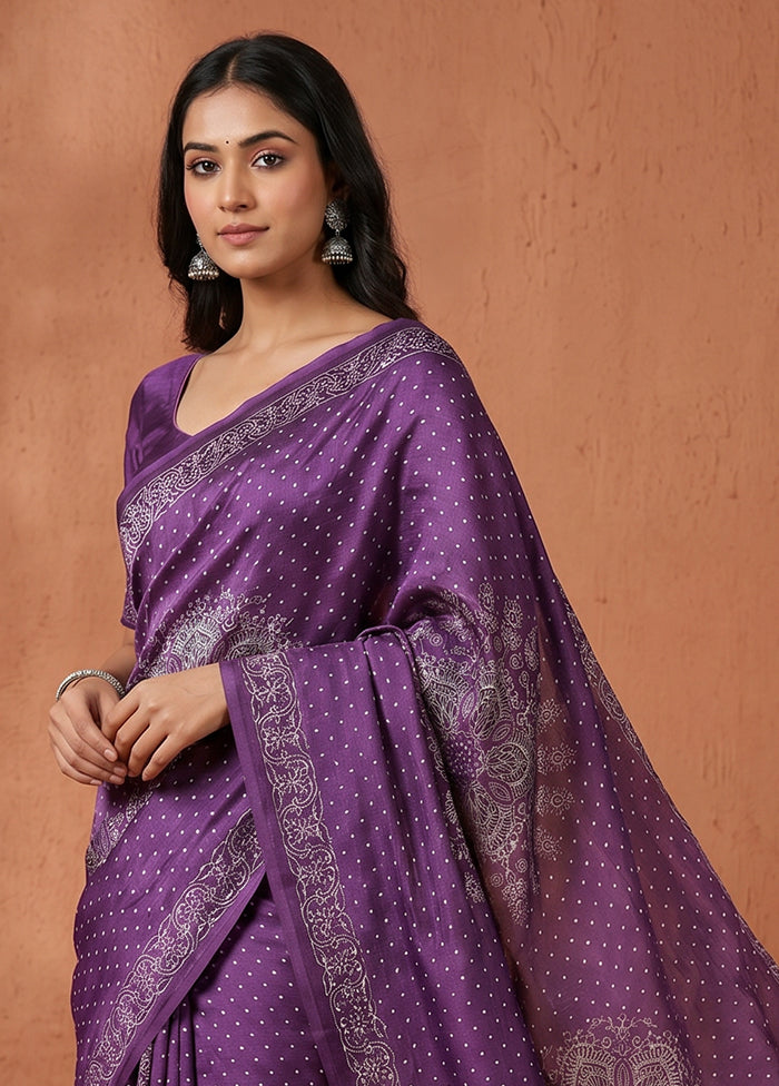 Purple Printed Silk Saree Without Blouse Piece