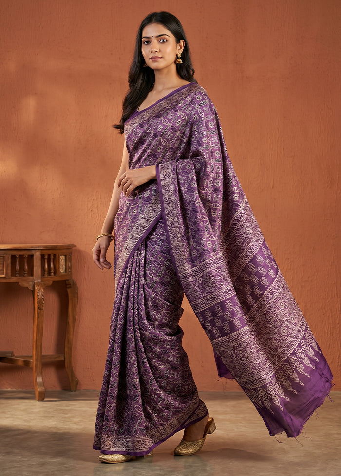 Purple Printed Silk Saree Without Blouse Piece