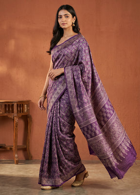 Purple Printed Silk Saree Without Blouse Piece