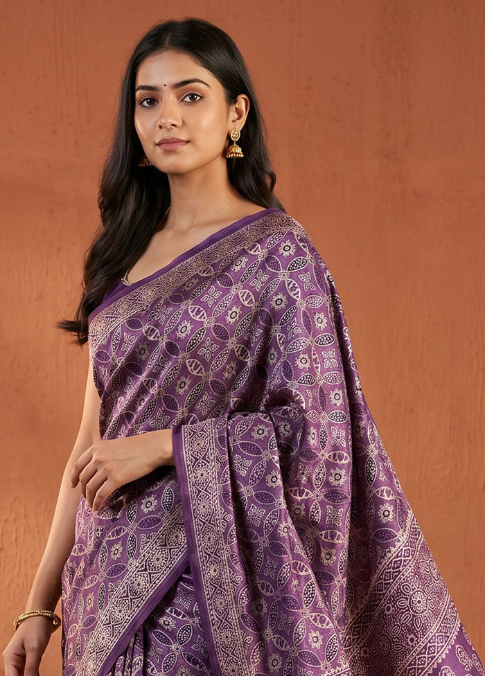 Purple Printed Silk Saree Without Blouse Piece