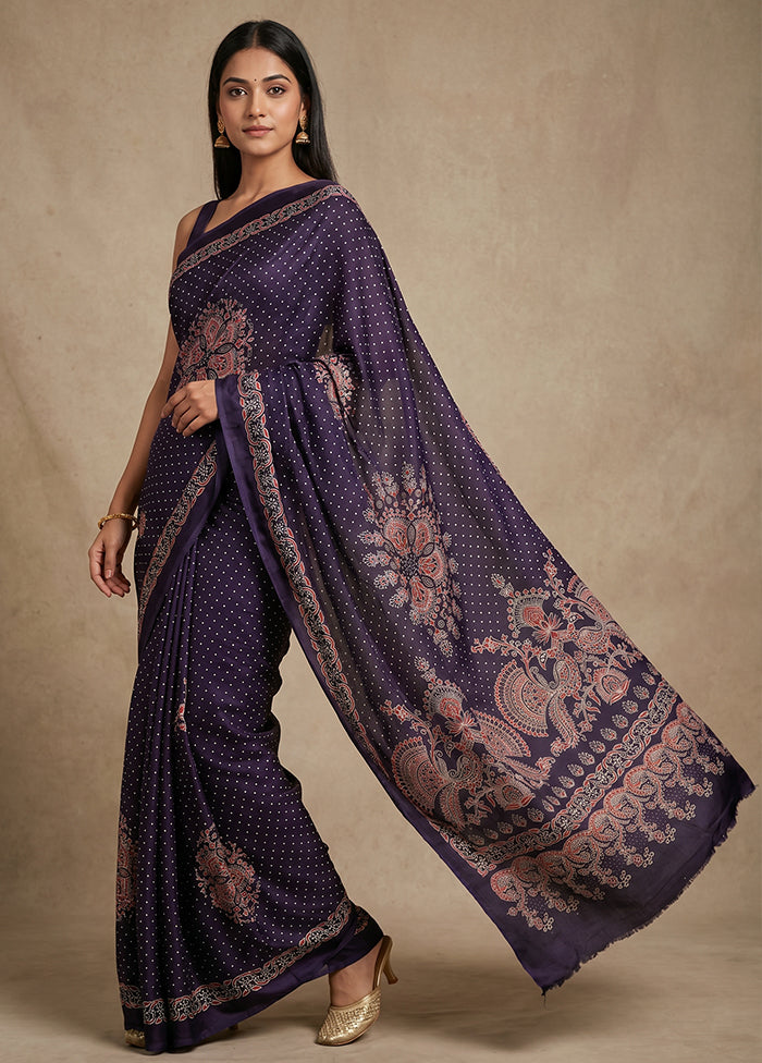 Blue Printed Silk Saree Without Blouse Piece