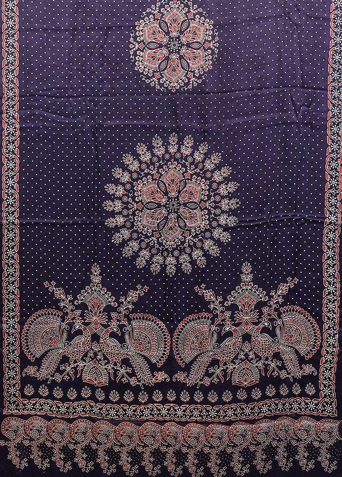 Blue Printed Silk Saree Without Blouse Piece