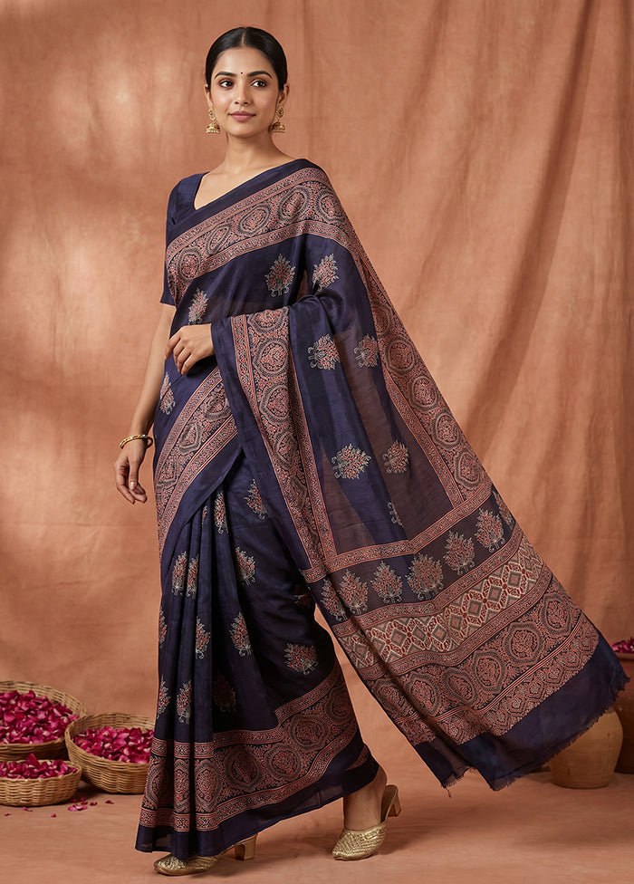 Blue Printed Silk Saree Without Blouse Piece