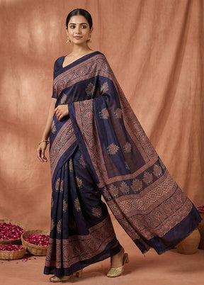 Blue Printed Silk Saree Without Blouse Piece